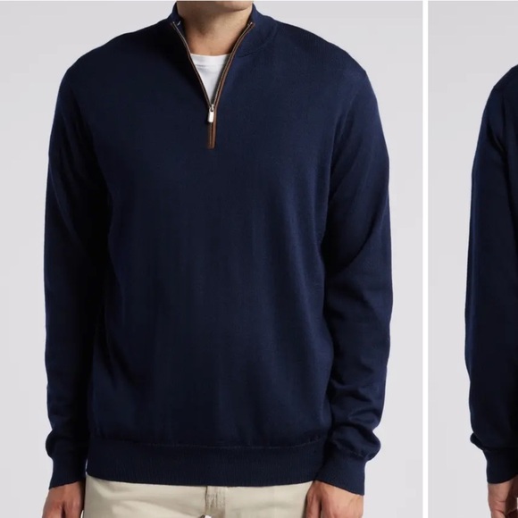 Peter Millar Autumn Ctest Merino Wool blend 1/4 zip navy Sweater leather trim - Picture 1 of 4